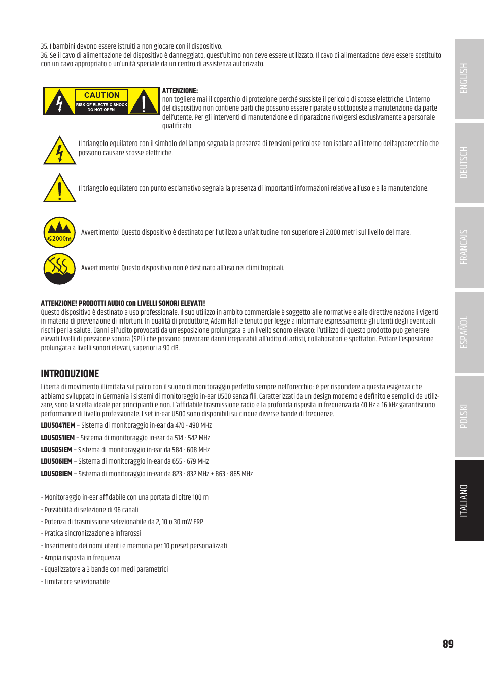 Introduzione | LD Systems U504.7 IEM Wireless Stereo In-Ear Monitoring System (470 to 490 MHz) User Manual | Page 89 / 108