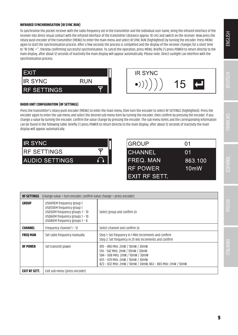 9deutsch francais español english italiano polski | LD Systems U504.7 IEM Wireless Stereo In-Ear Monitoring System (470 to 490 MHz) User Manual | Page 9 / 108