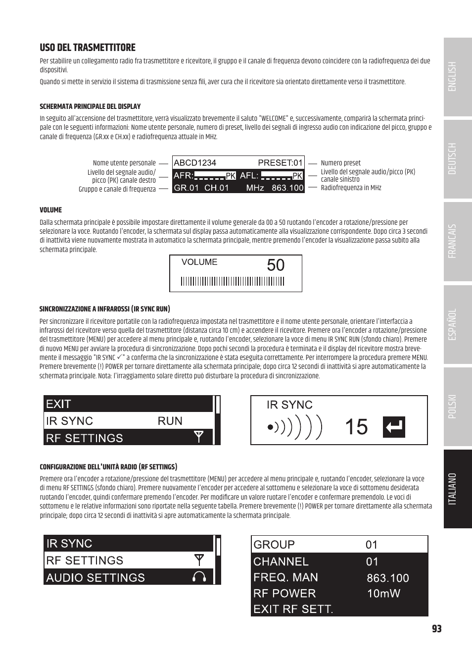 Uso del trasmettitore | LD Systems U504.7 IEM Wireless Stereo In-Ear Monitoring System (470 to 490 MHz) User Manual | Page 93 / 108