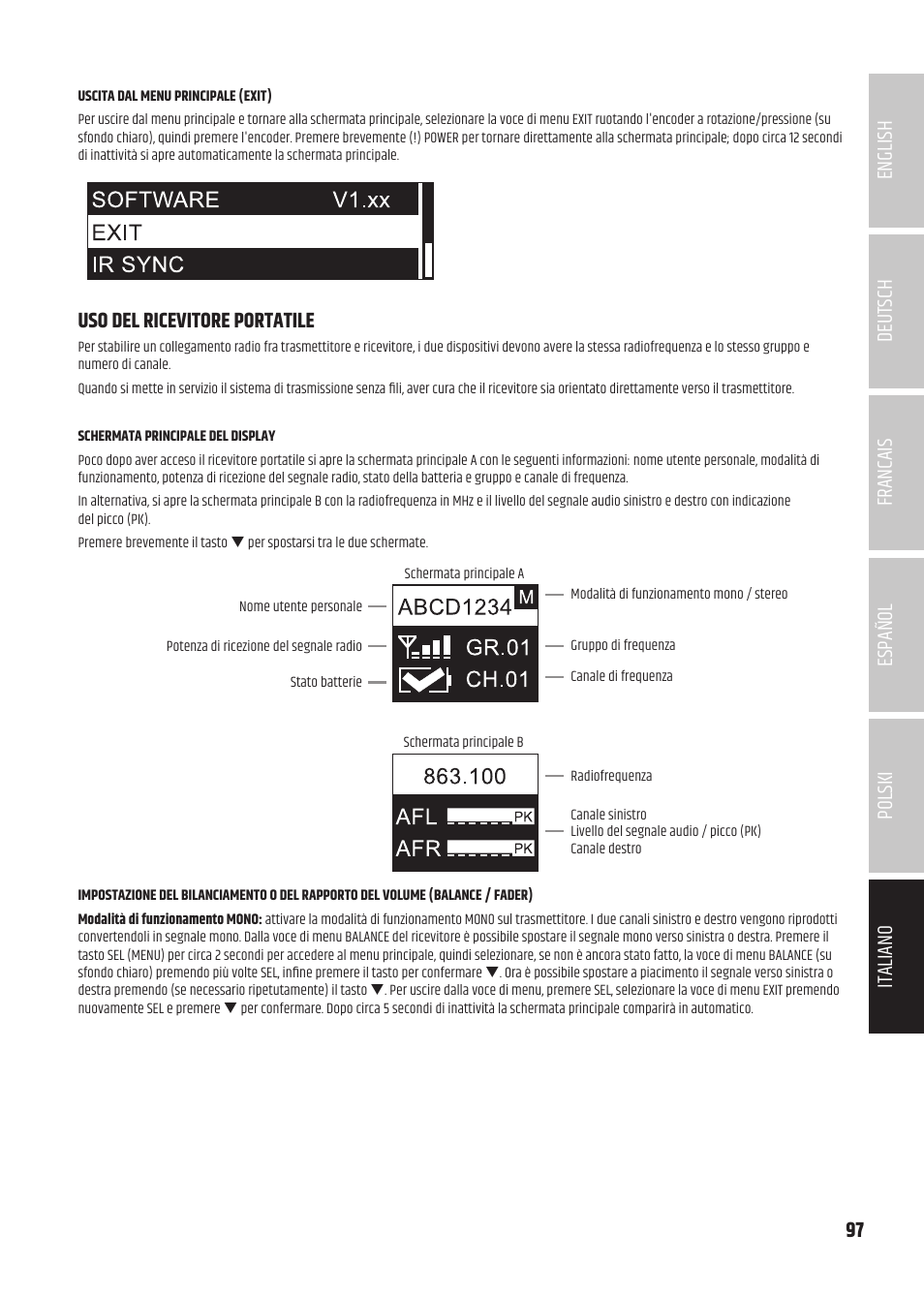 Uso del ricevitore portatile | LD Systems U504.7 IEM Wireless Stereo In-Ear Monitoring System (470 to 490 MHz) User Manual | Page 97 / 108
