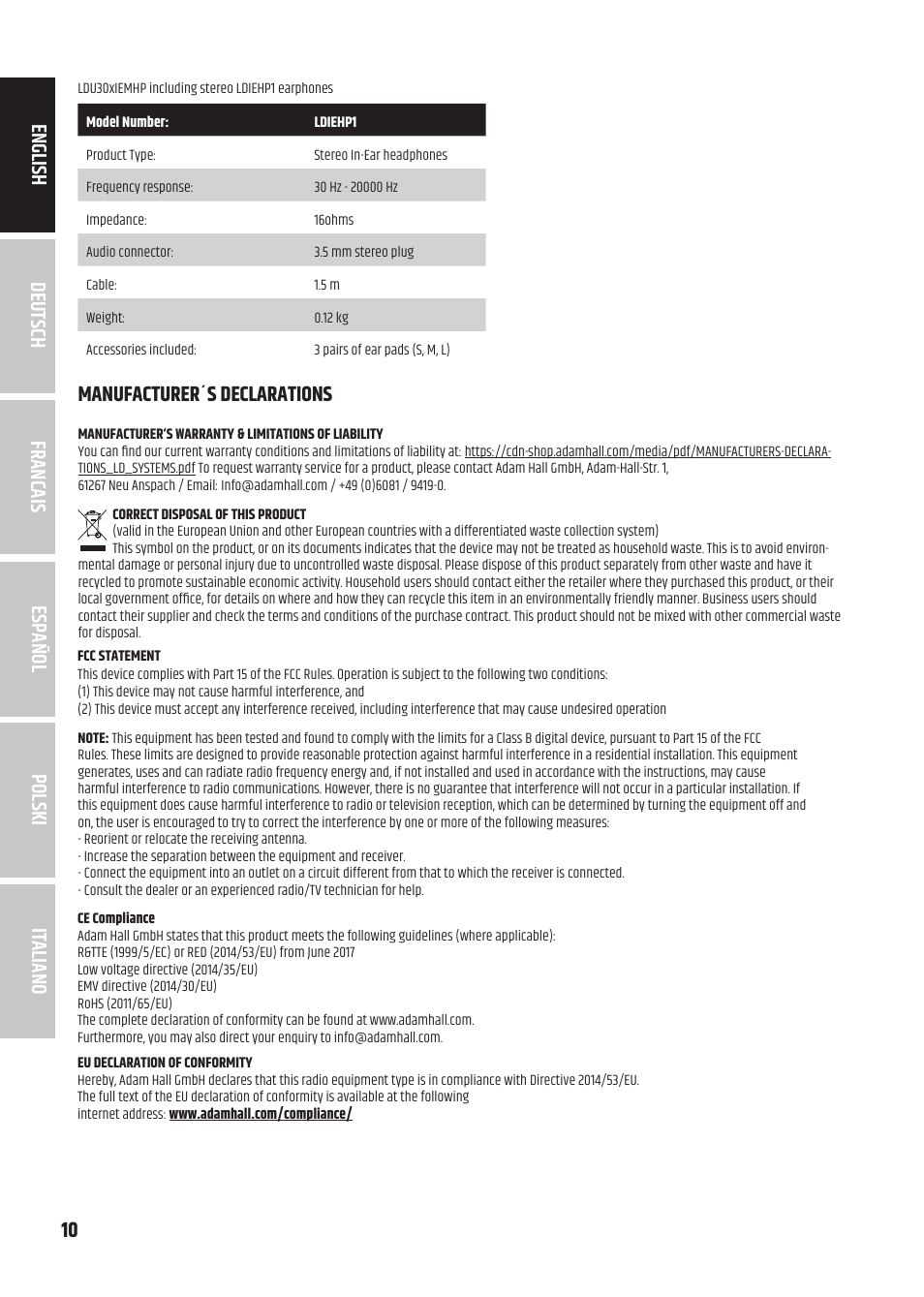 LD Systems U305.1 IEM Wireless In-Ear Monitoring System with Earphones (514 to 542 MHz) User Manual | Page 10 / 56