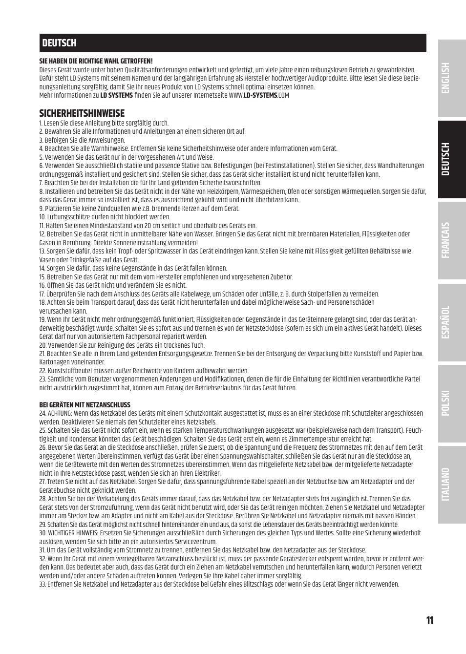 Sicherheitshinweise | LD Systems U305.1 IEM Wireless In-Ear Monitoring System with Earphones (514 to 542 MHz) User Manual | Page 11 / 56