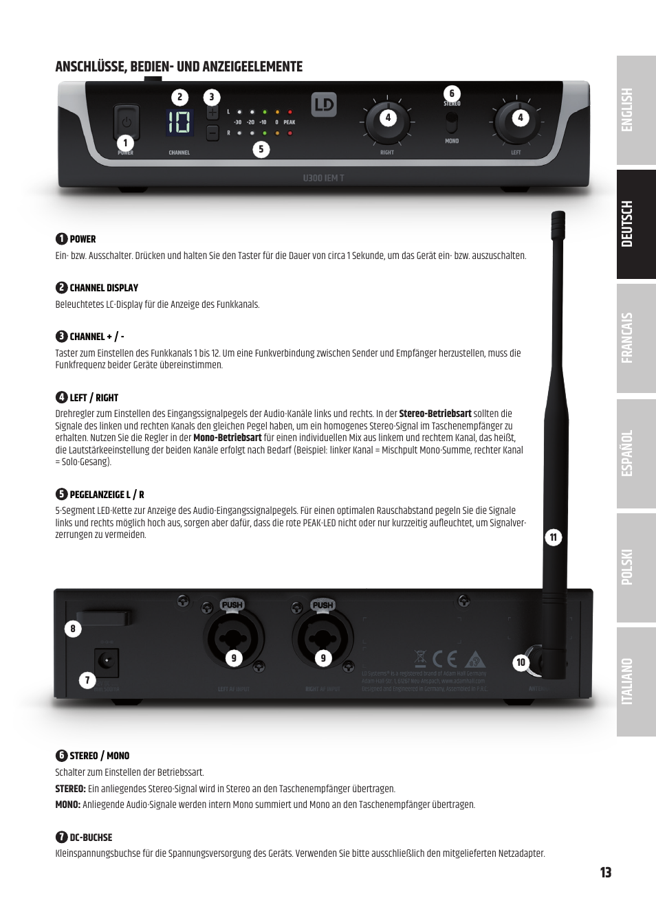 LD Systems U305.1 IEM Wireless In-Ear Monitoring System with Earphones (514 to 542 MHz) User Manual | Page 13 / 56