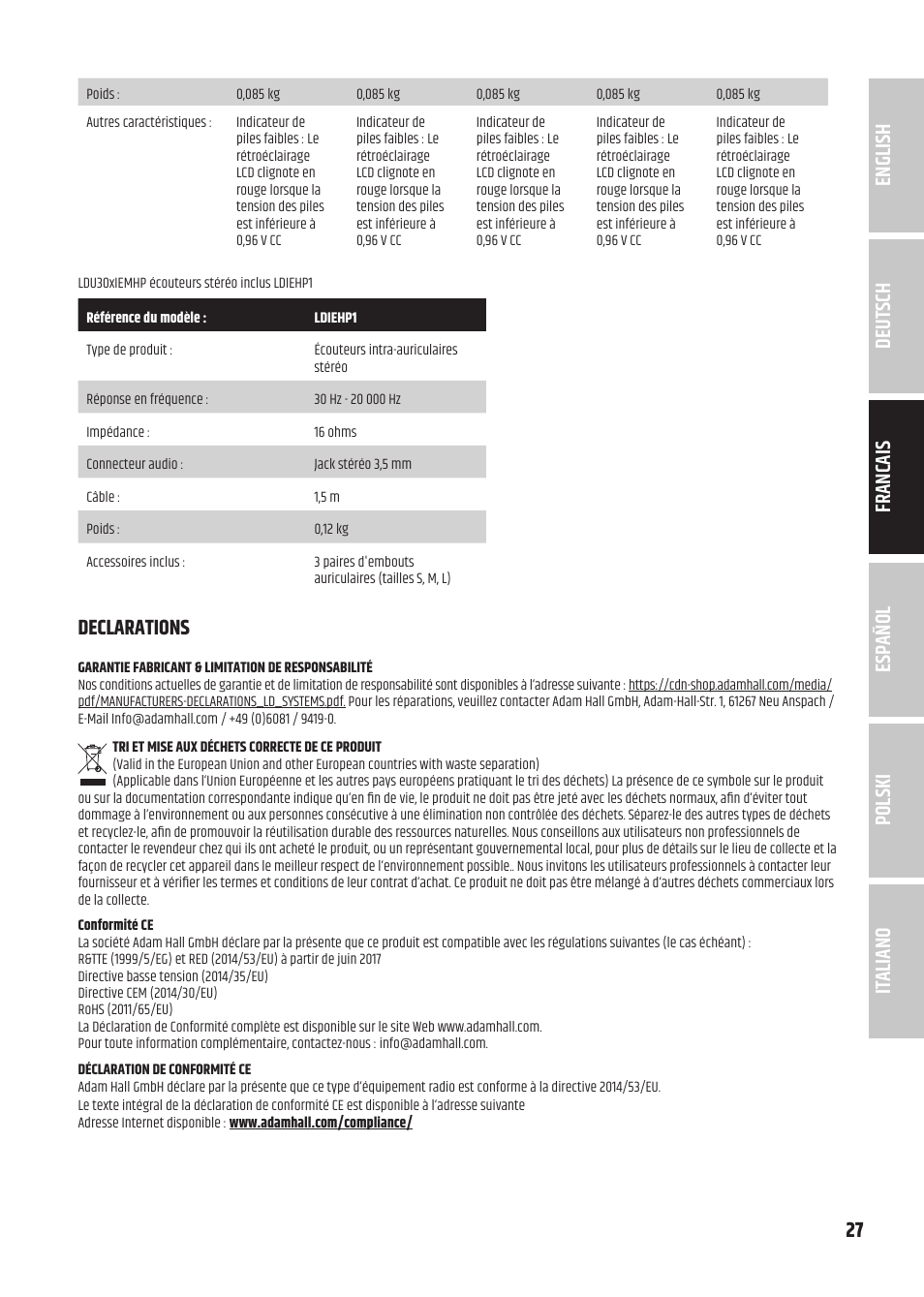 LD Systems U305.1 IEM Wireless In-Ear Monitoring System with Earphones (514 to 542 MHz) User Manual | Page 27 / 56