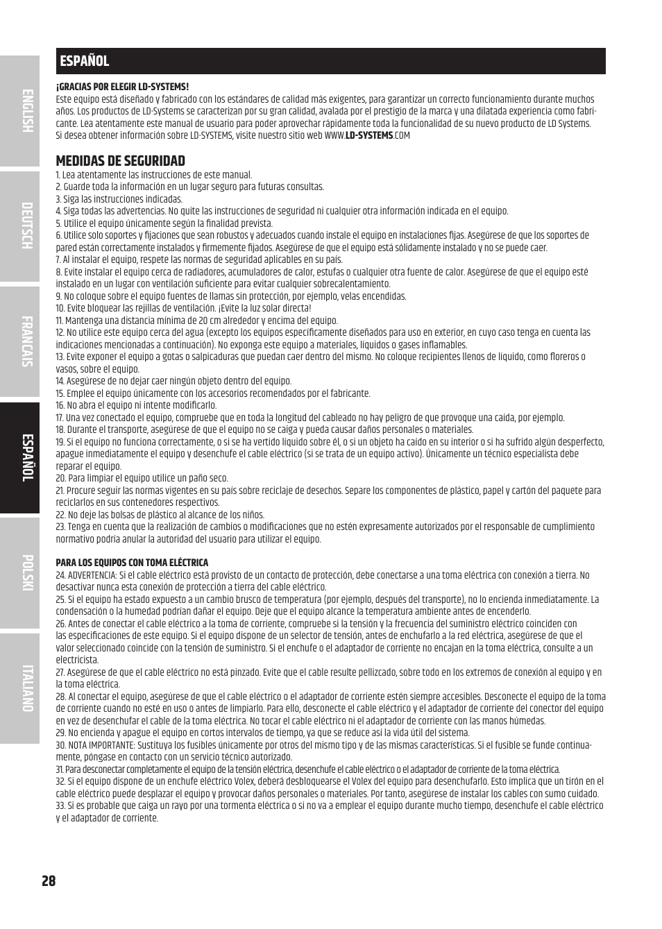 Medidas de seguridad | LD Systems U305.1 IEM Wireless In-Ear Monitoring System with Earphones (514 to 542 MHz) User Manual | Page 28 / 56