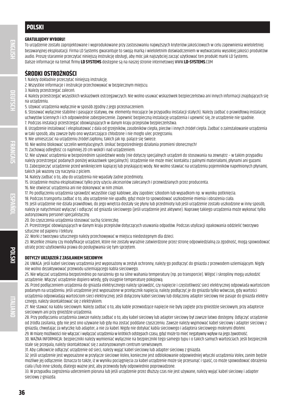 Środki ostrożności | LD Systems U305.1 IEM Wireless In-Ear Monitoring System with Earphones (514 to 542 MHz) User Manual | Page 36 / 56