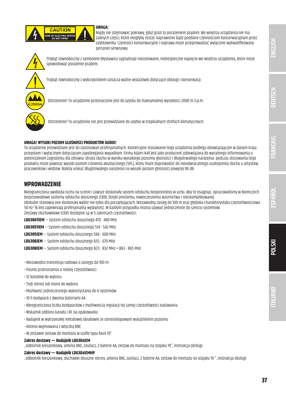 Wprowadzenie | LD Systems U305.1 IEM Wireless In-Ear Monitoring System with Earphones (514 to 542 MHz) User Manual | Page 37 / 56