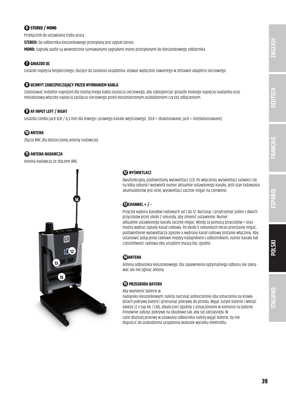 LD Systems U305.1 IEM Wireless In-Ear Monitoring System with Earphones (514 to 542 MHz) User Manual | Page 39 / 56