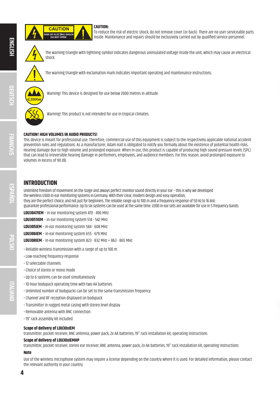 4italiano polski español francais deutsch english, Introduction | LD Systems U305.1 IEM Wireless In-Ear Monitoring System with Earphones (514 to 542 MHz) User Manual | Page 4 / 56