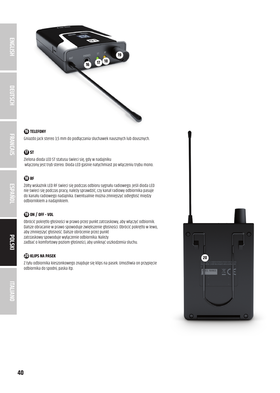 LD Systems U305.1 IEM Wireless In-Ear Monitoring System with Earphones (514 to 542 MHz) User Manual | Page 40 / 56