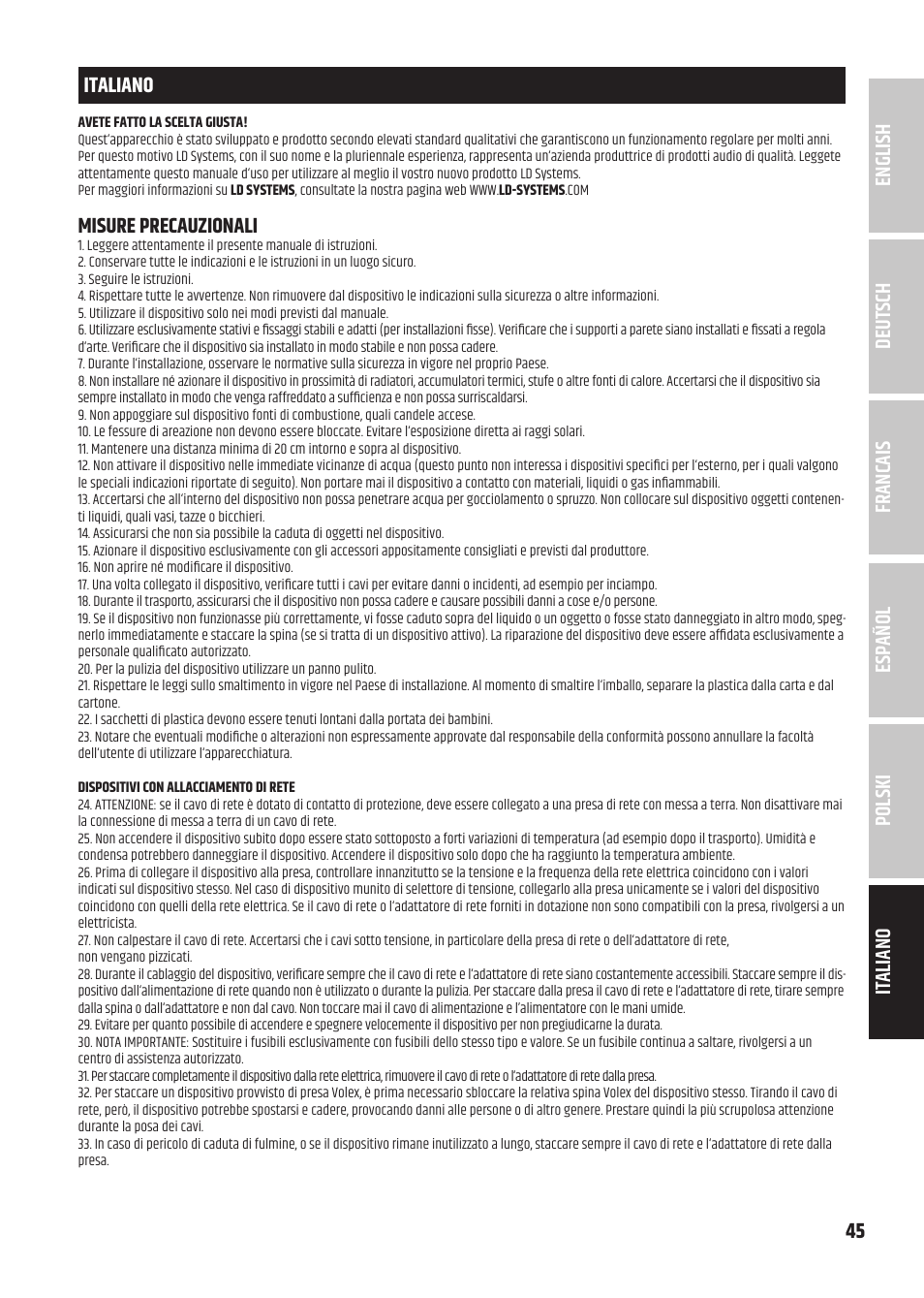 Misure precauzionali | LD Systems U305.1 IEM Wireless In-Ear Monitoring System with Earphones (514 to 542 MHz) User Manual | Page 45 / 56