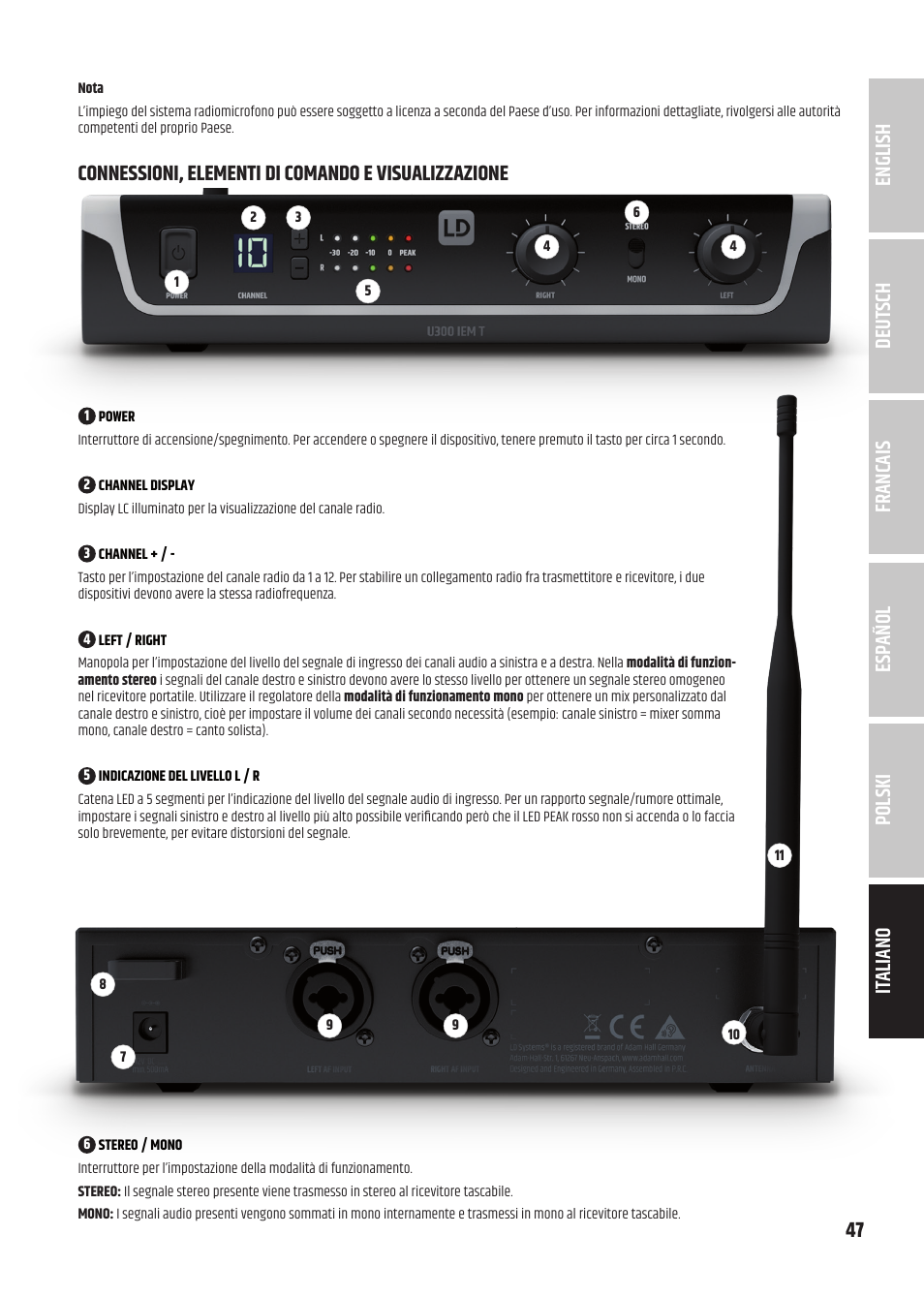 Connessioni, elementi di comando e visualizzazione | LD Systems U305.1 IEM Wireless In-Ear Monitoring System with Earphones (514 to 542 MHz) User Manual | Page 47 / 56