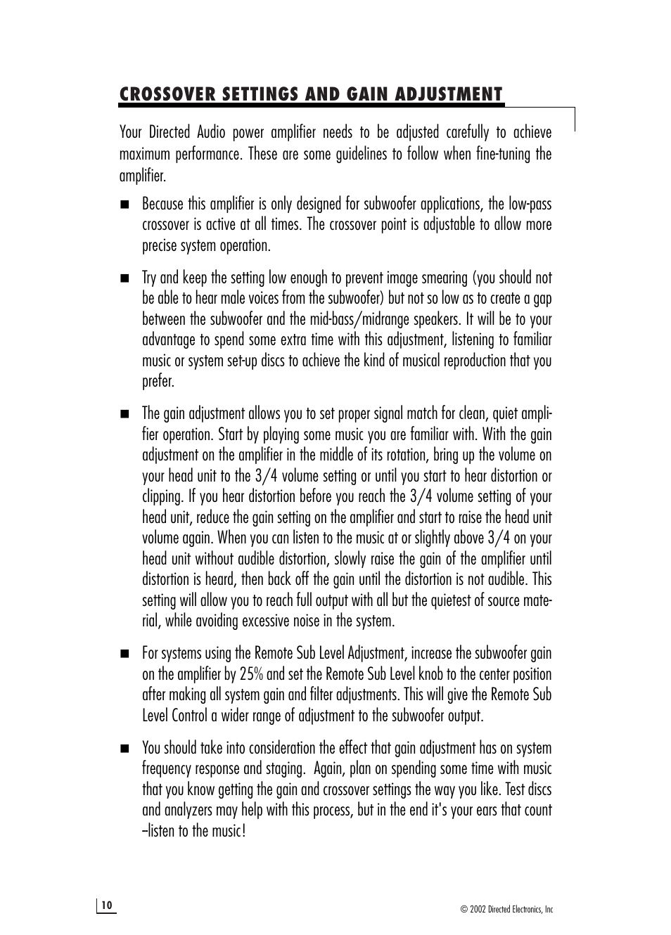 Crossover settings and gain adjustment | Directed Electronics 250d User Manual | Page 10 / 12