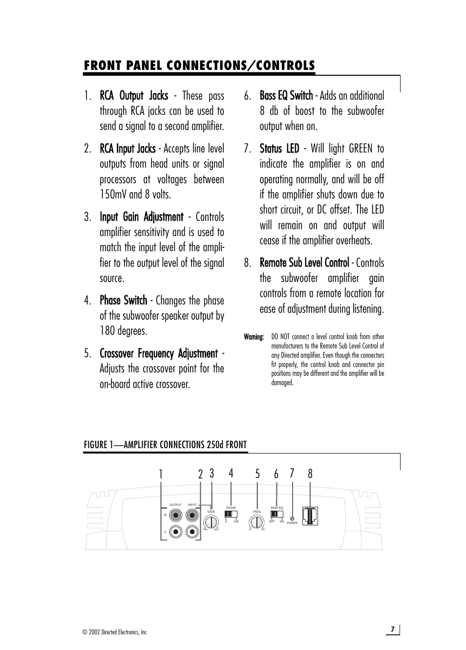 Front panel connections/controls | Directed Electronics 250d User Manual | Page 7 / 12