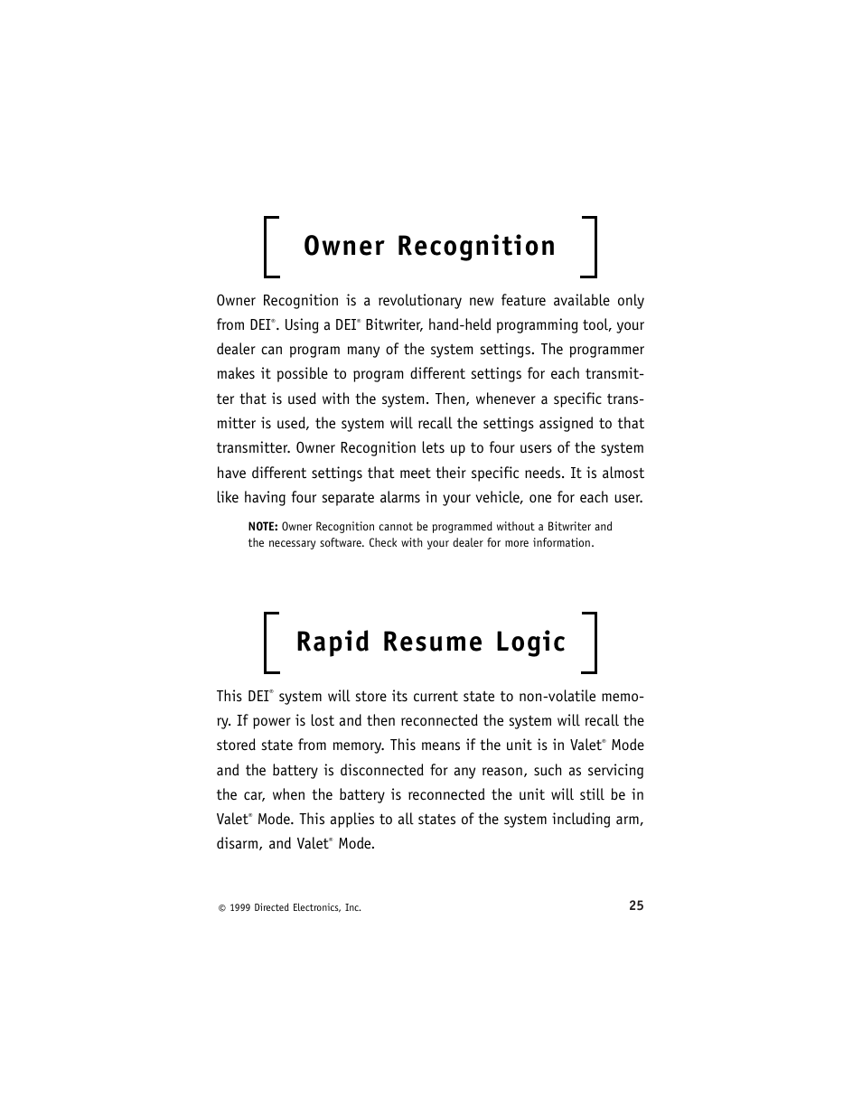 Owner recognition, Rapid resume logic | Directed Electronics ESP 540 User Manual | Page 26 / 37