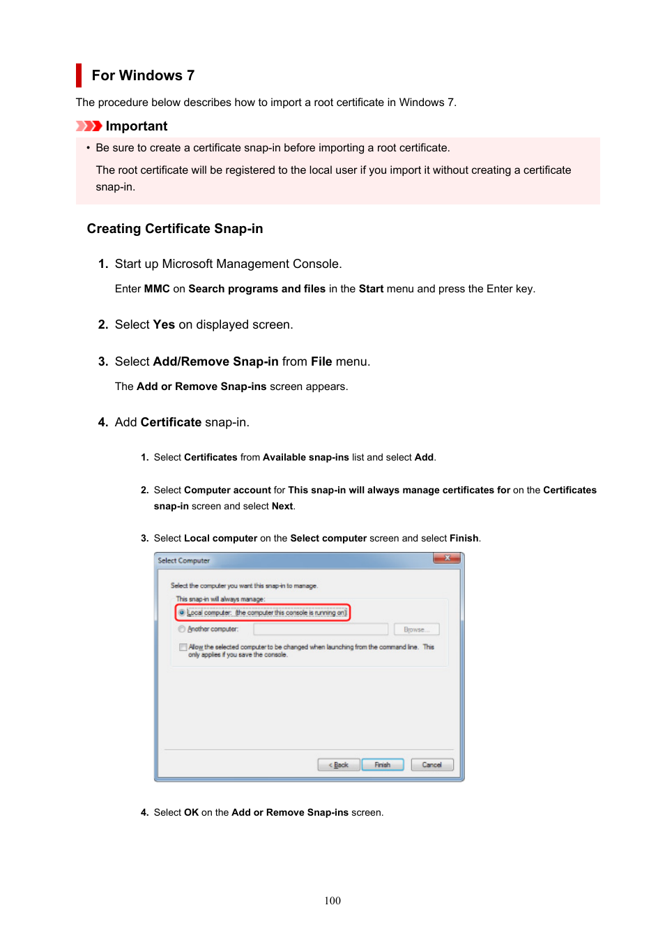 For windows 7, Important, Creating certificate snap-in | Canon imagePROGRAF PRO-300 13" Photographic Inkjet Printer User Manual | Page 100 / 650