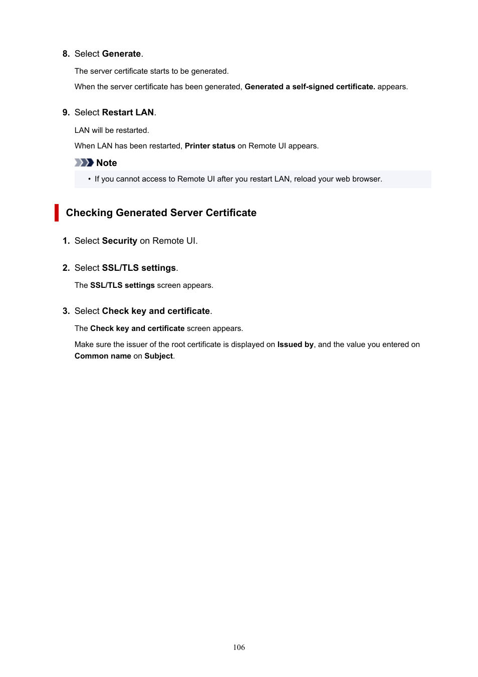 Checking generated server certificate | Canon imagePROGRAF PRO-300 13" Photographic Inkjet Printer User Manual | Page 106 / 650