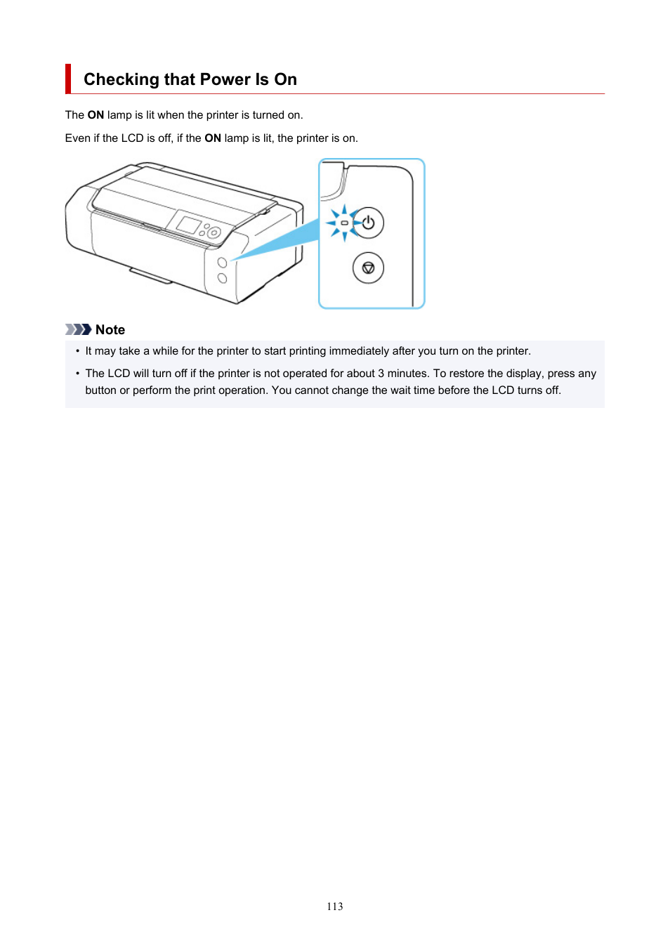 Checking that power is on | Canon imagePROGRAF PRO-300 13" Photographic Inkjet Printer User Manual | Page 113 / 650