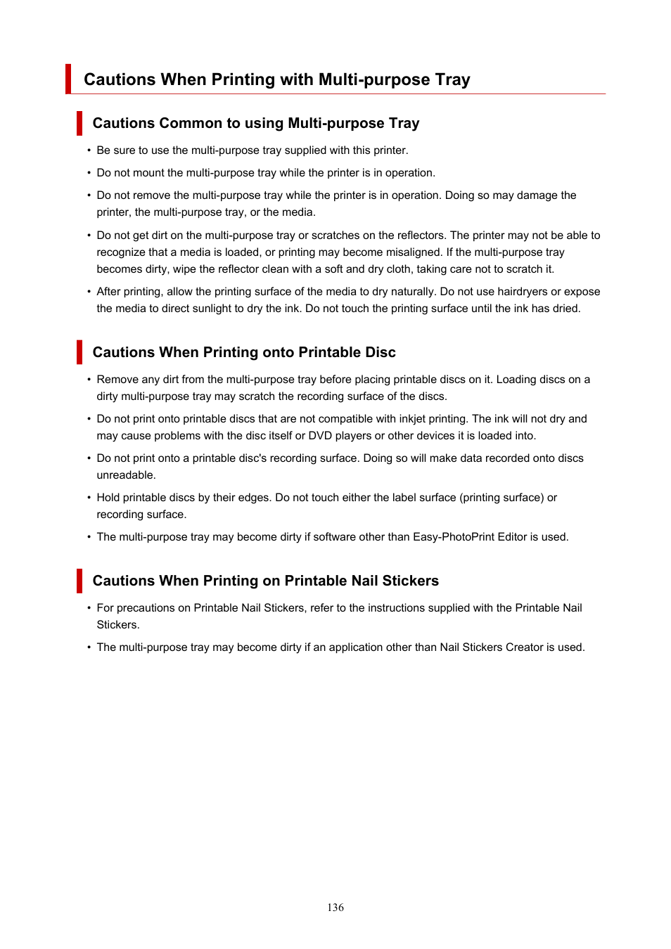 Cautions when printing with multi-purpose tray | Canon imagePROGRAF PRO-300 13" Photographic Inkjet Printer User Manual | Page 136 / 650