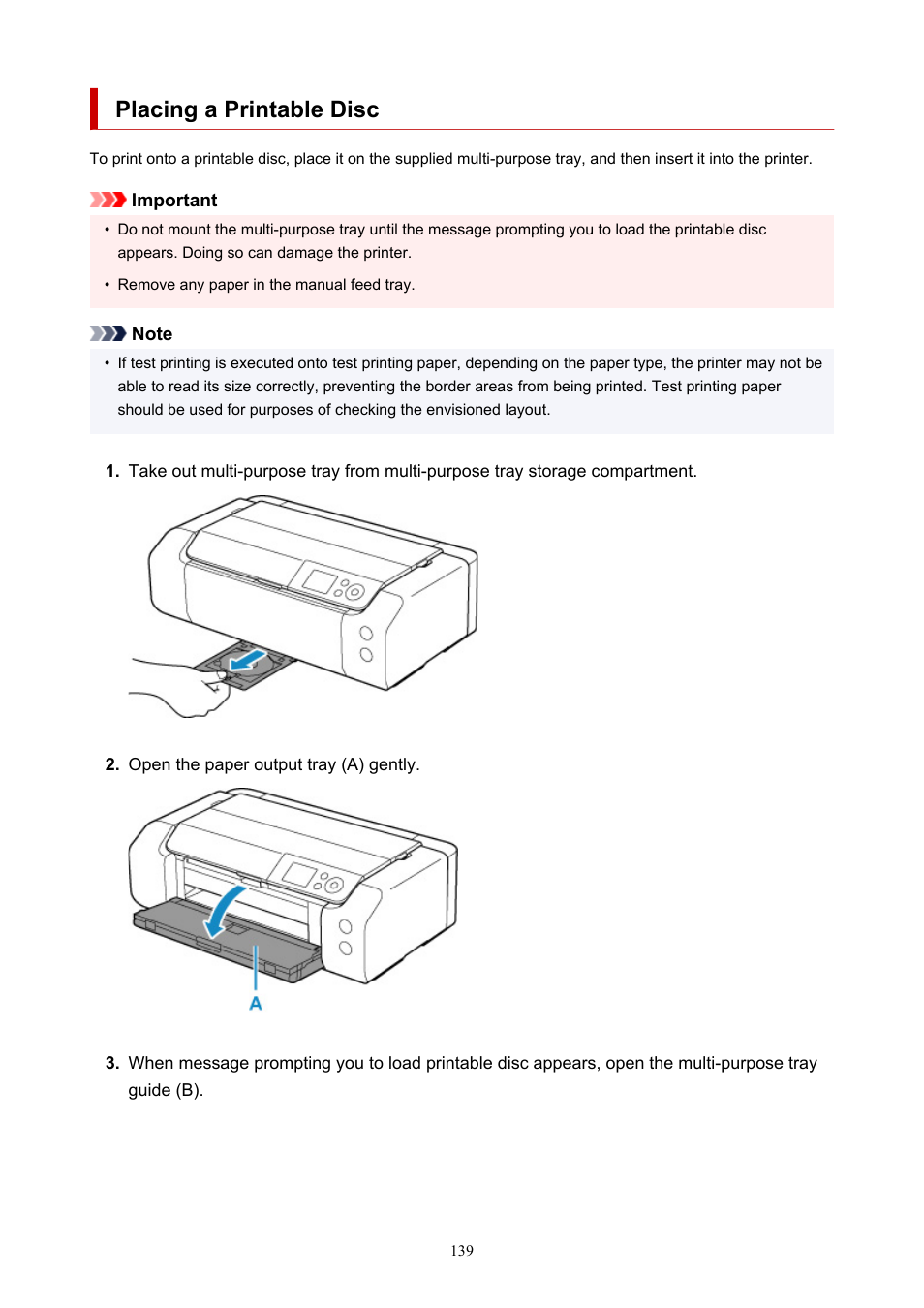 Placing a printable disc | Canon imagePROGRAF PRO-300 13" Photographic Inkjet Printer User Manual | Page 139 / 650