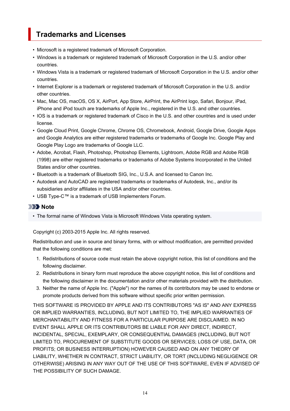 Trademarks and licenses | Canon imagePROGRAF PRO-300 13" Photographic Inkjet Printer User Manual | Page 14 / 650