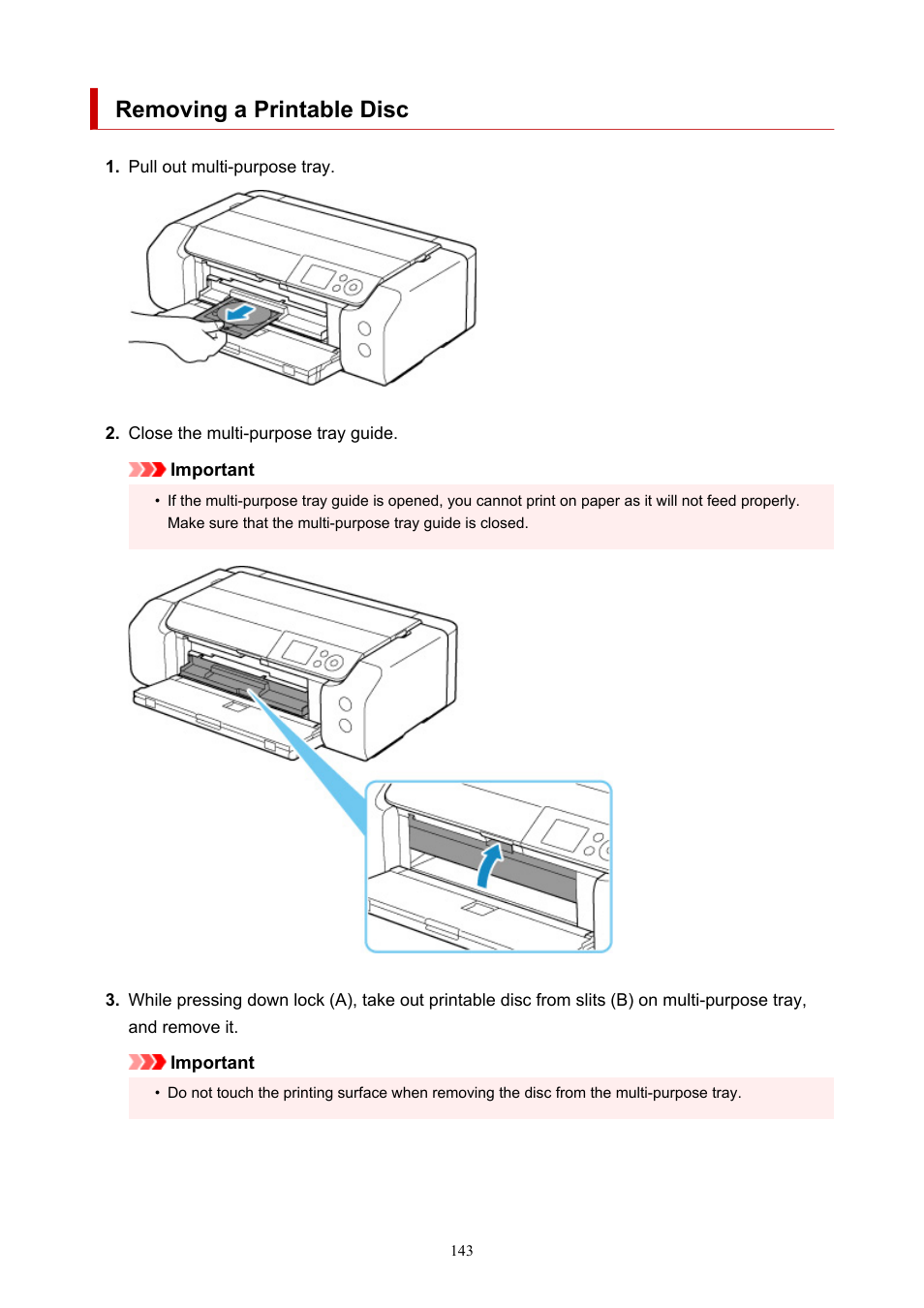 Removing a printable disc | Canon imagePROGRAF PRO-300 13" Photographic Inkjet Printer User Manual | Page 143 / 650