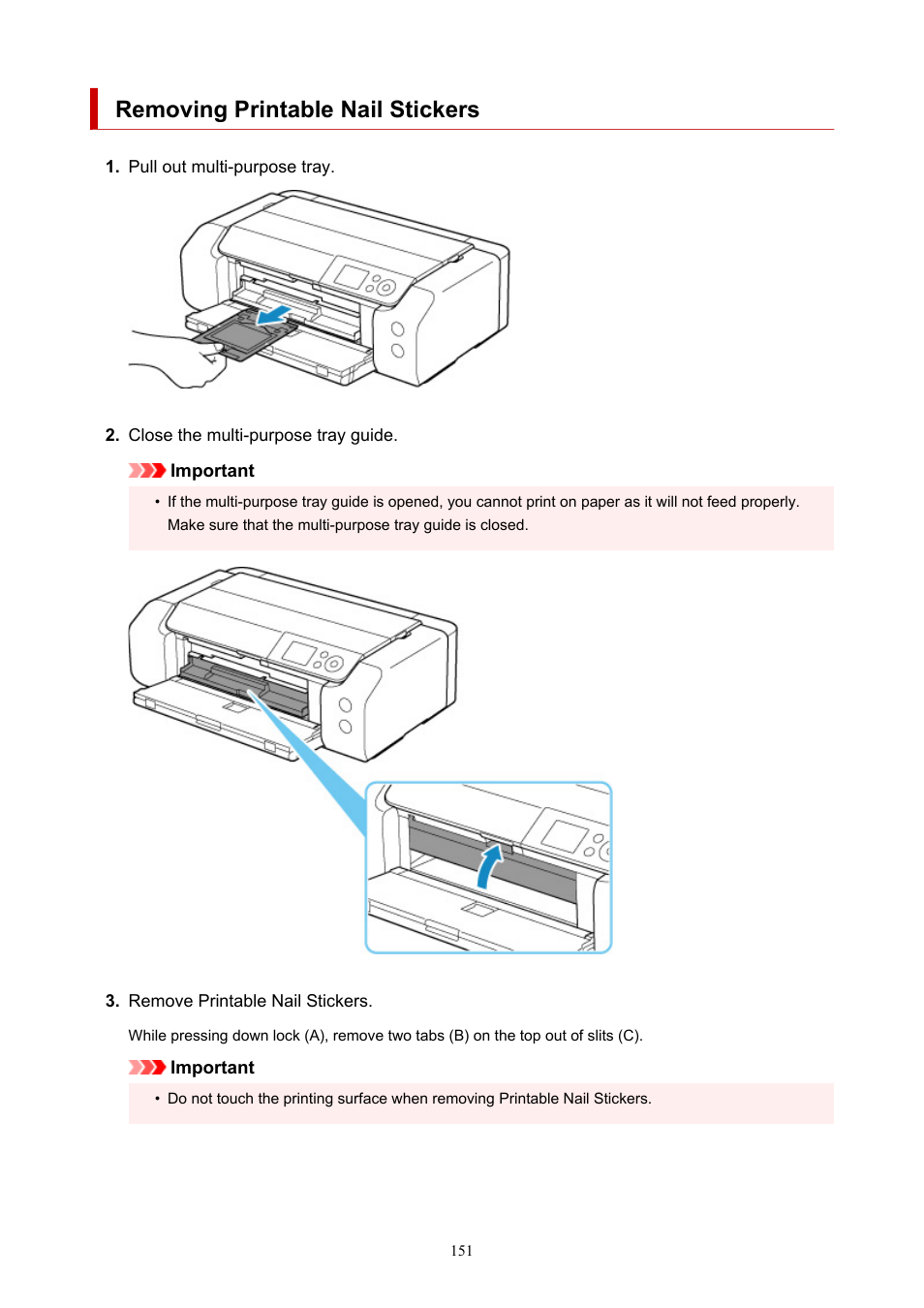 Removing printable nail stickers | Canon imagePROGRAF PRO-300 13" Photographic Inkjet Printer User Manual | Page 151 / 650