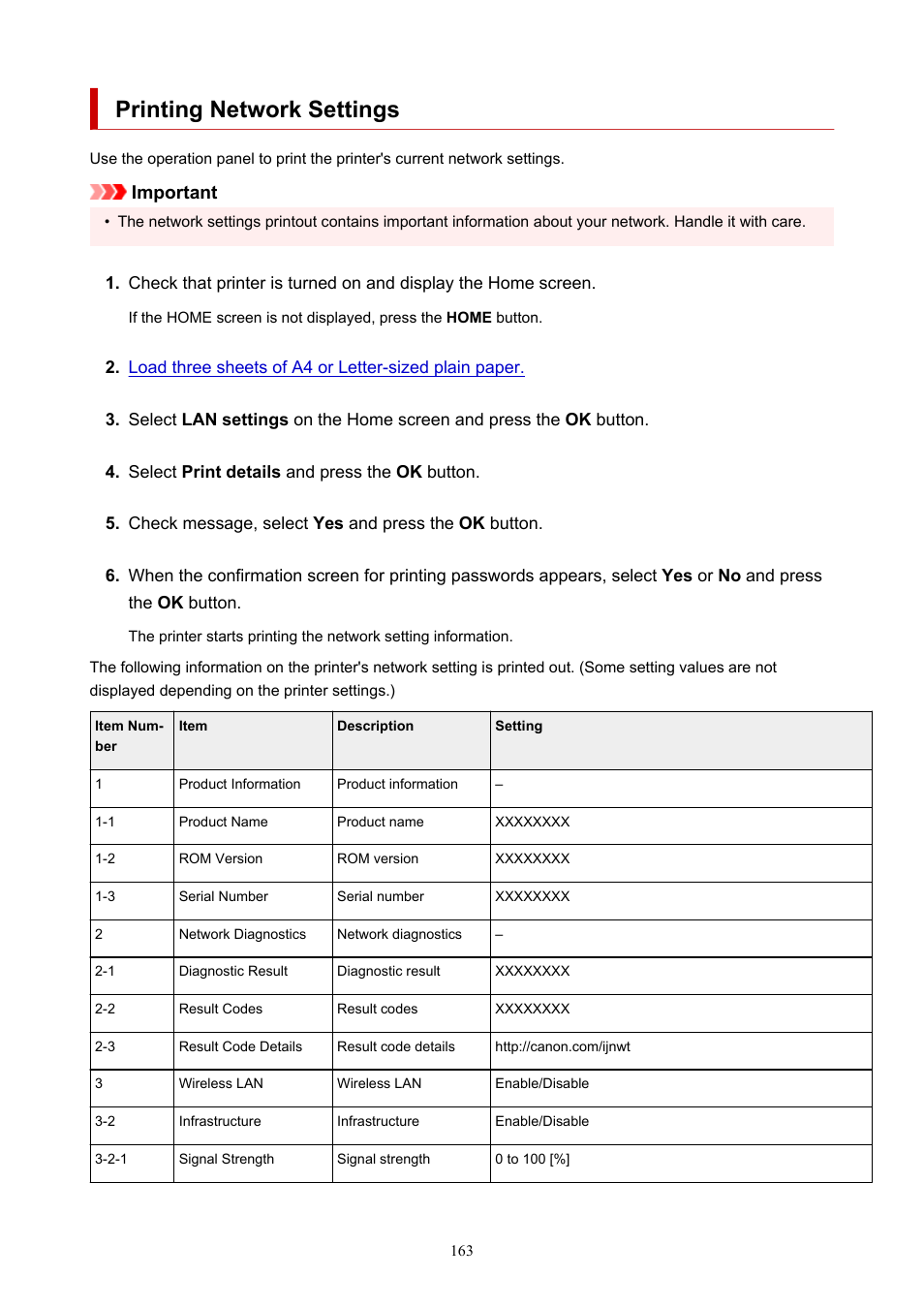 Printing network settings, Important | Canon imagePROGRAF PRO-300 13" Photographic Inkjet Printer User Manual | Page 163 / 650