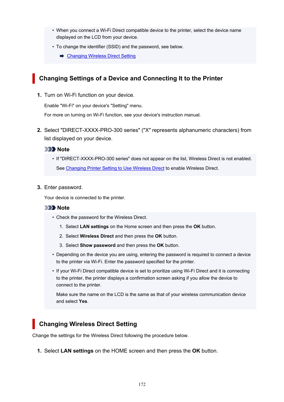 Changing wireless direct setting | Canon imagePROGRAF PRO-300 13" Photographic Inkjet Printer User Manual | Page 172 / 650