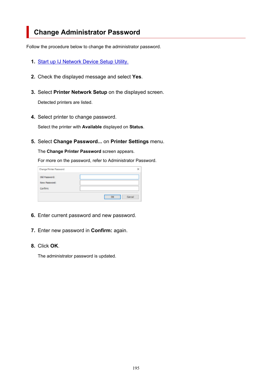 Change administrator password | Canon imagePROGRAF PRO-300 13" Photographic Inkjet Printer User Manual | Page 195 / 650