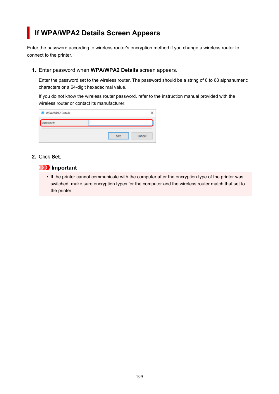 If wpa/wpa2 details screen appears | Canon imagePROGRAF PRO-300 13" Photographic Inkjet Printer User Manual | Page 199 / 650