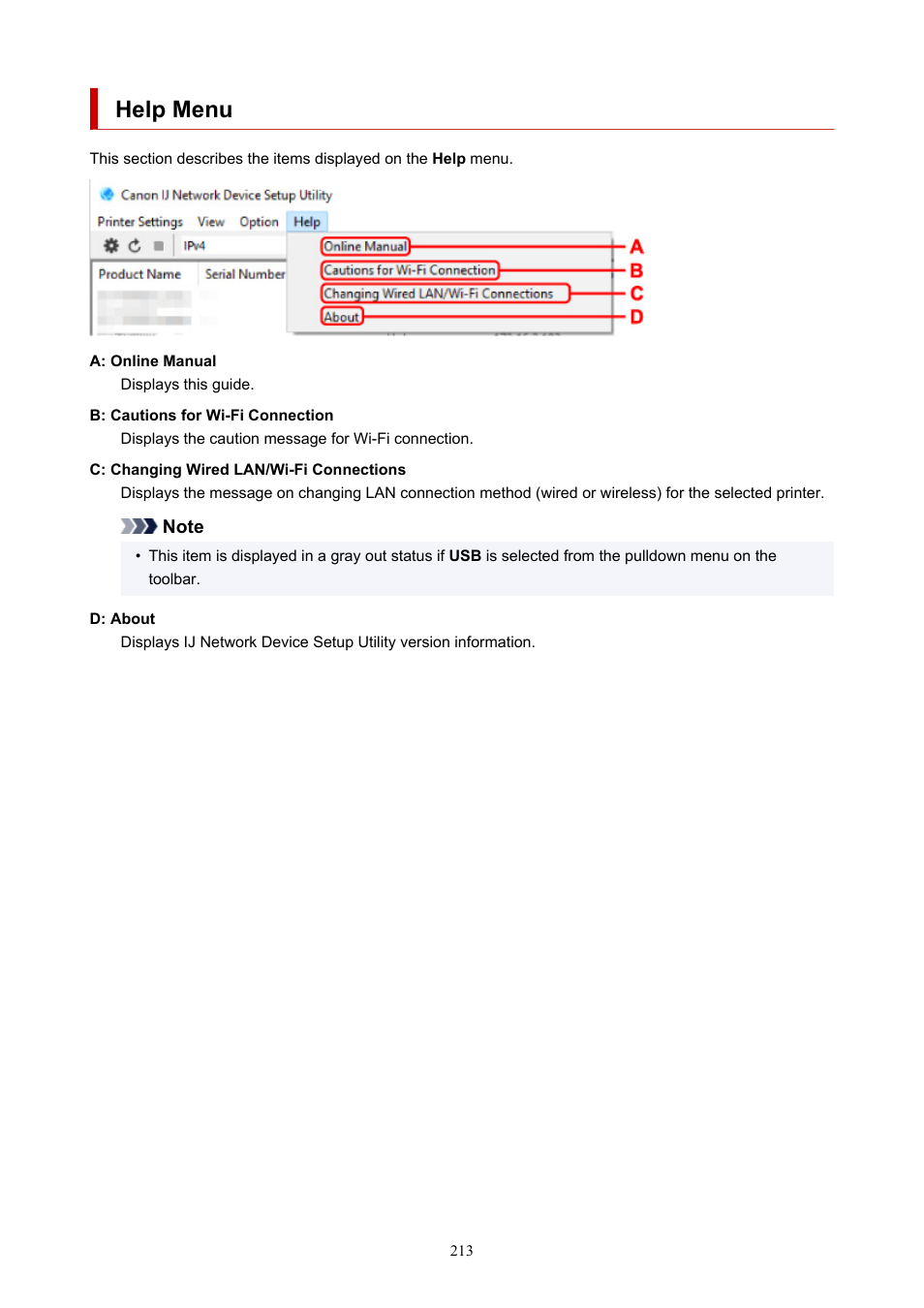 Help menu, Online manual | Canon imagePROGRAF PRO-300 13" Photographic Inkjet Printer User Manual | Page 213 / 650