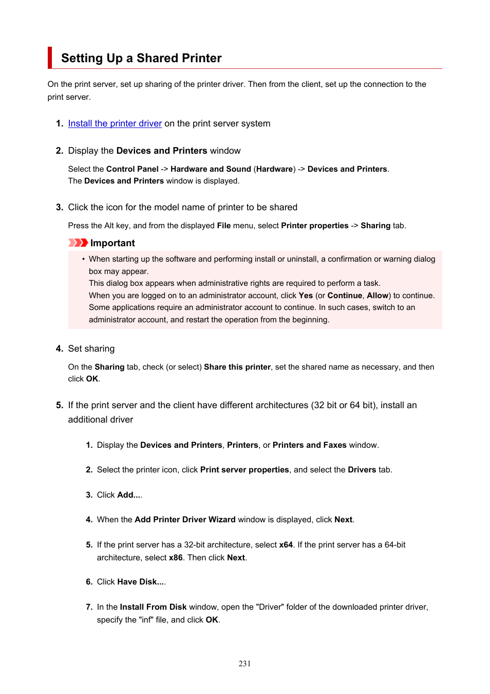 Setting up a shared printer | Canon imagePROGRAF PRO-300 13" Photographic Inkjet Printer User Manual | Page 231 / 650