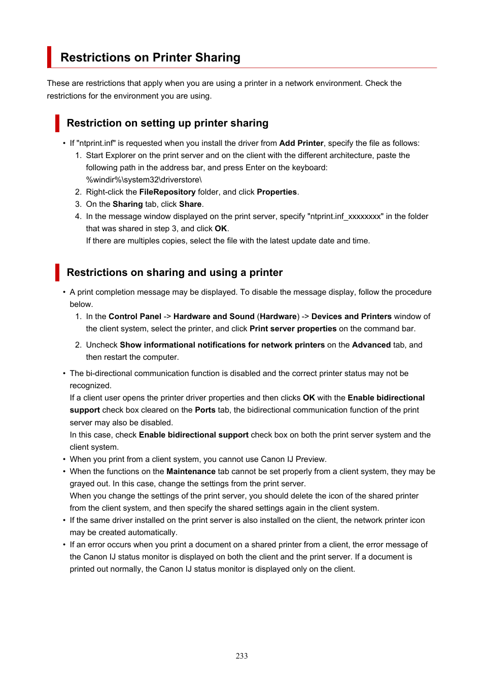 Restrictions on printer sharing, Restriction on setting up printer sharing, Restrictions on sharing and using a printer | Canon imagePROGRAF PRO-300 13" Photographic Inkjet Printer User Manual | Page 233 / 650