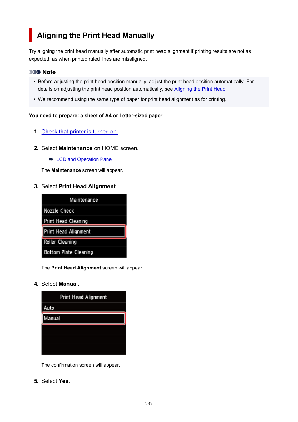 Aligning the print head manually, Align the print head manually | Canon imagePROGRAF PRO-300 13" Photographic Inkjet Printer User Manual | Page 237 / 650