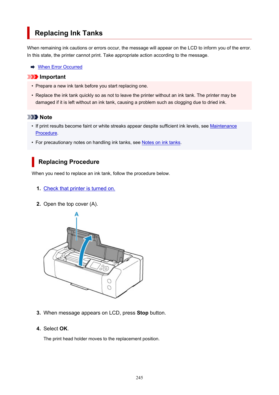 Replacing ink tanks, Replace the ink tank, Whose ink is low | Canon imagePROGRAF PRO-300 13" Photographic Inkjet Printer User Manual | Page 245 / 650