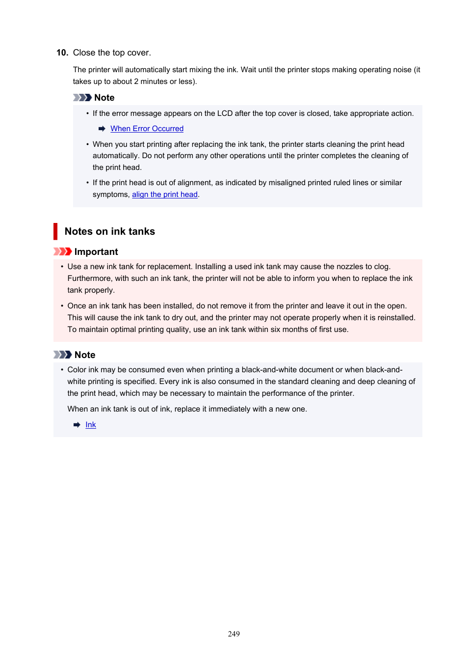 Notes on ink tanks | Canon imagePROGRAF PRO-300 13" Photographic Inkjet Printer User Manual | Page 249 / 650