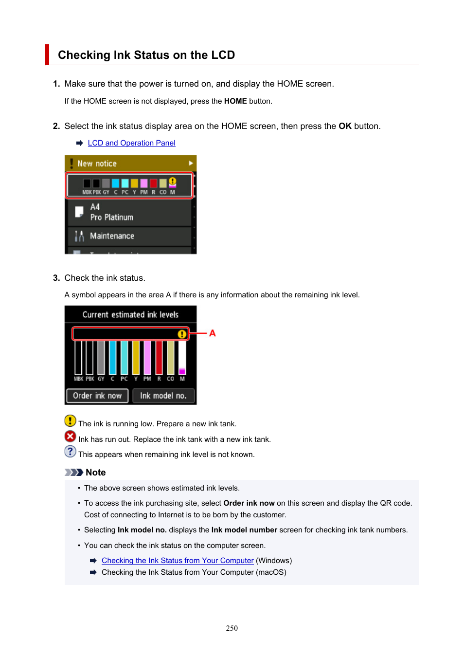 Checking ink status on the lcd | Canon imagePROGRAF PRO-300 13" Photographic Inkjet Printer User Manual | Page 250 / 650