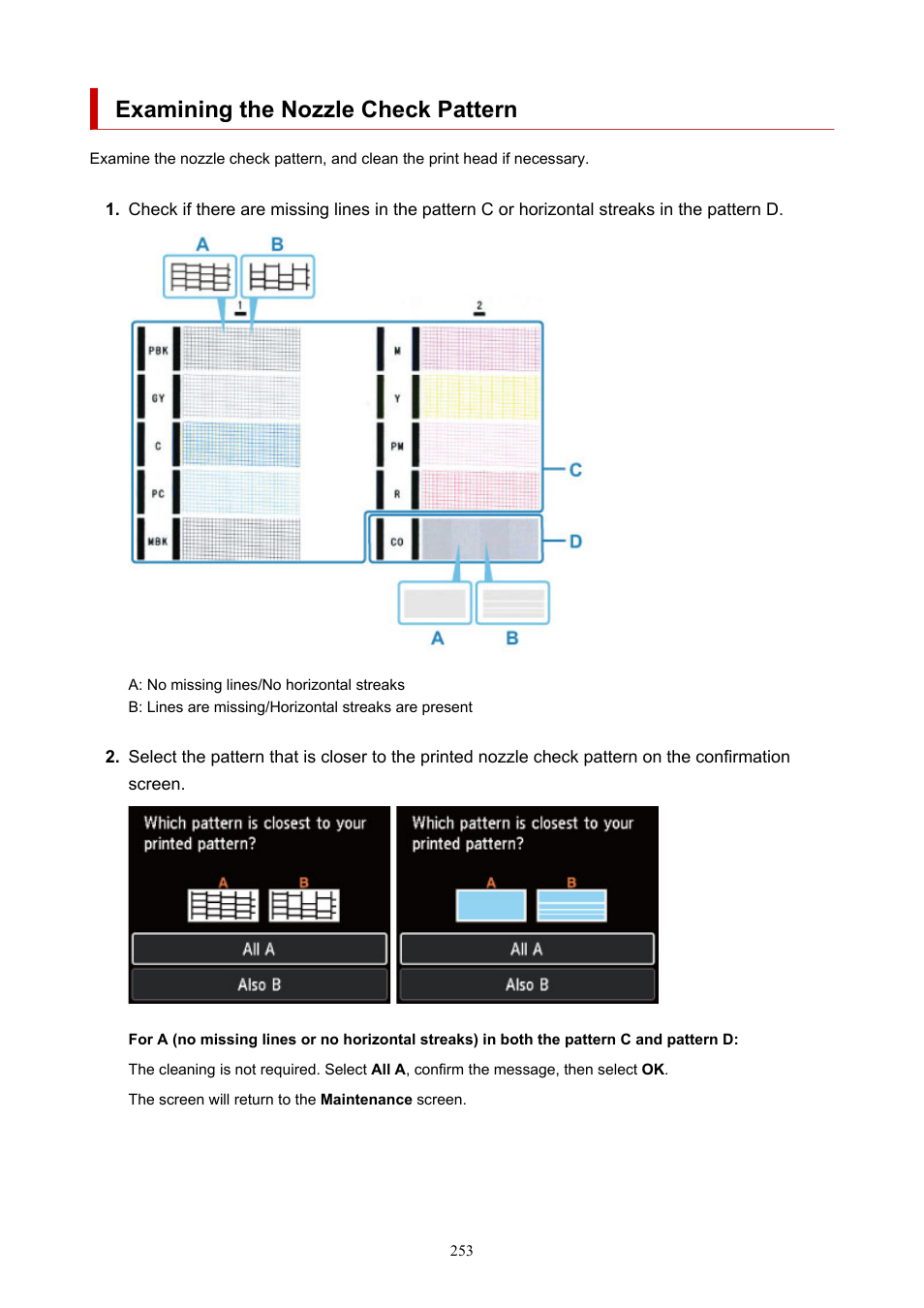 Examining the nozzle check pattern, Examine the nozzle check pattern | Canon imagePROGRAF PRO-300 13" Photographic Inkjet Printer User Manual | Page 253 / 650