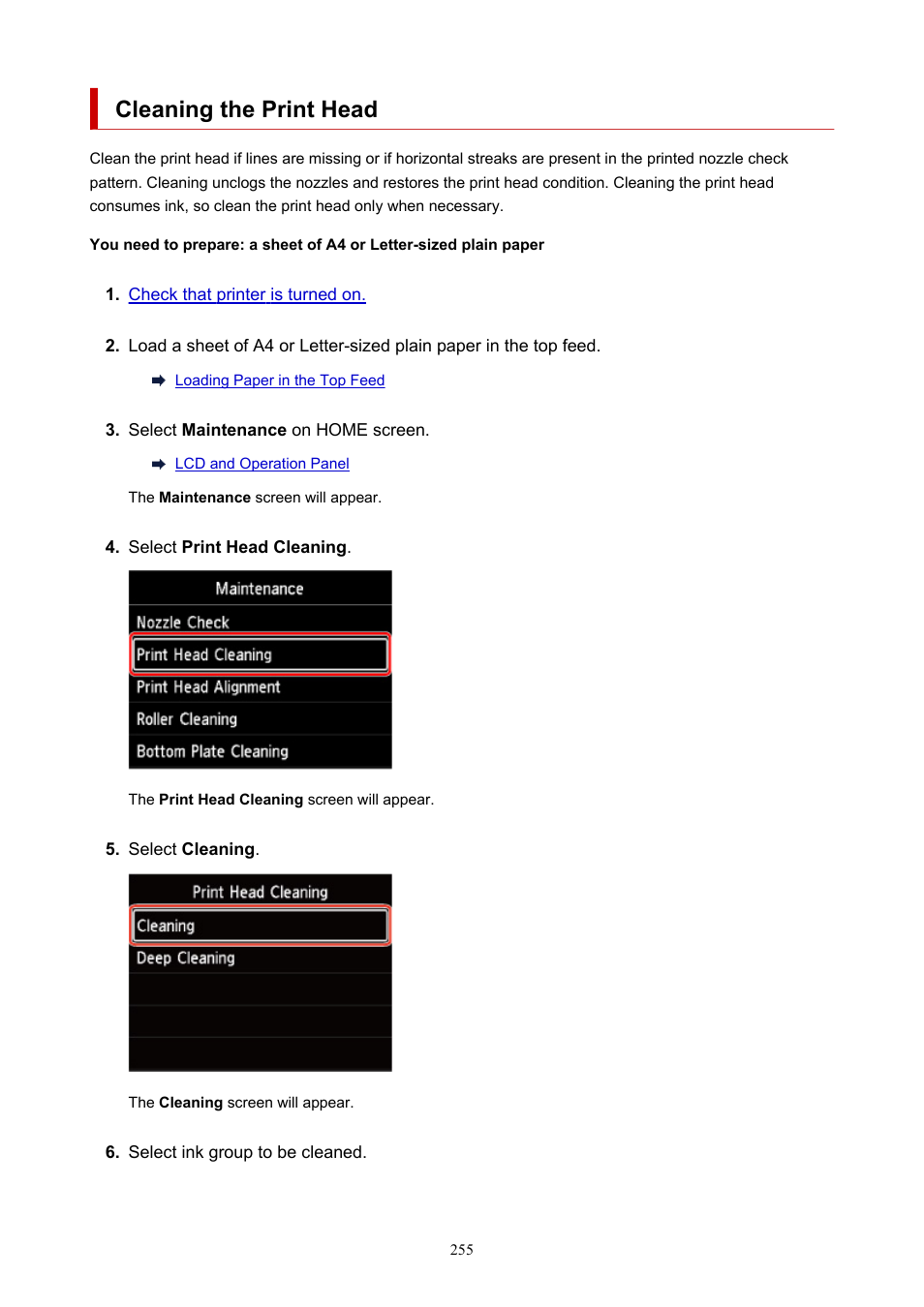 Cleaning the print head | Canon imagePROGRAF PRO-300 13" Photographic Inkjet Printer User Manual | Page 255 / 650