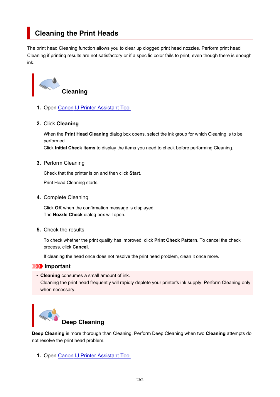 Cleaning the print heads, Cleaning, Deep cleaning | Canon imagePROGRAF PRO-300 13" Photographic Inkjet Printer User Manual | Page 262 / 650