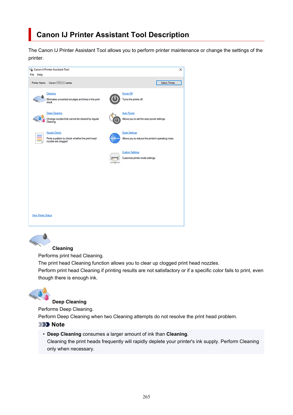 Canon ij printer assistant tool description, Canon ij printer assistant tool, Is an application software to perform | Canon imagePROGRAF PRO-300 13" Photographic Inkjet Printer User Manual | Page 265 / 650