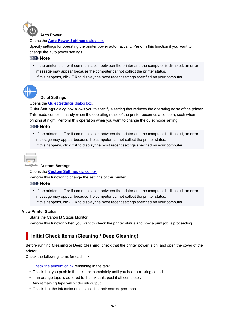 Initial check items, Initial check items (cleaning / deep cleaning) | Canon imagePROGRAF PRO-300 13" Photographic Inkjet Printer User Manual | Page 267 / 650