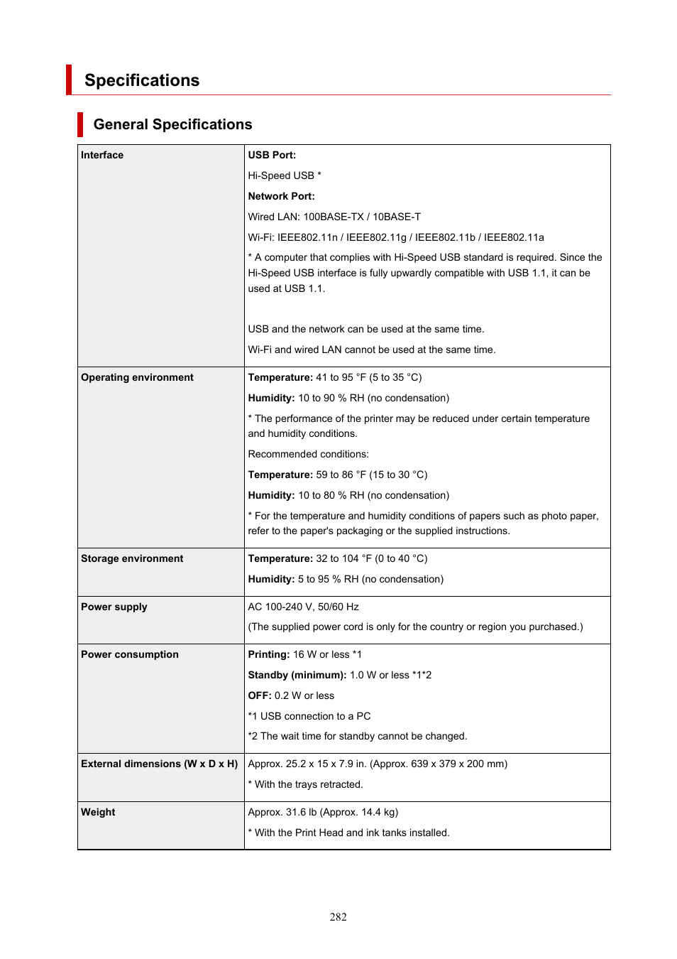 Specifications, General specifications | Canon imagePROGRAF PRO-300 13" Photographic Inkjet Printer User Manual | Page 282 / 650