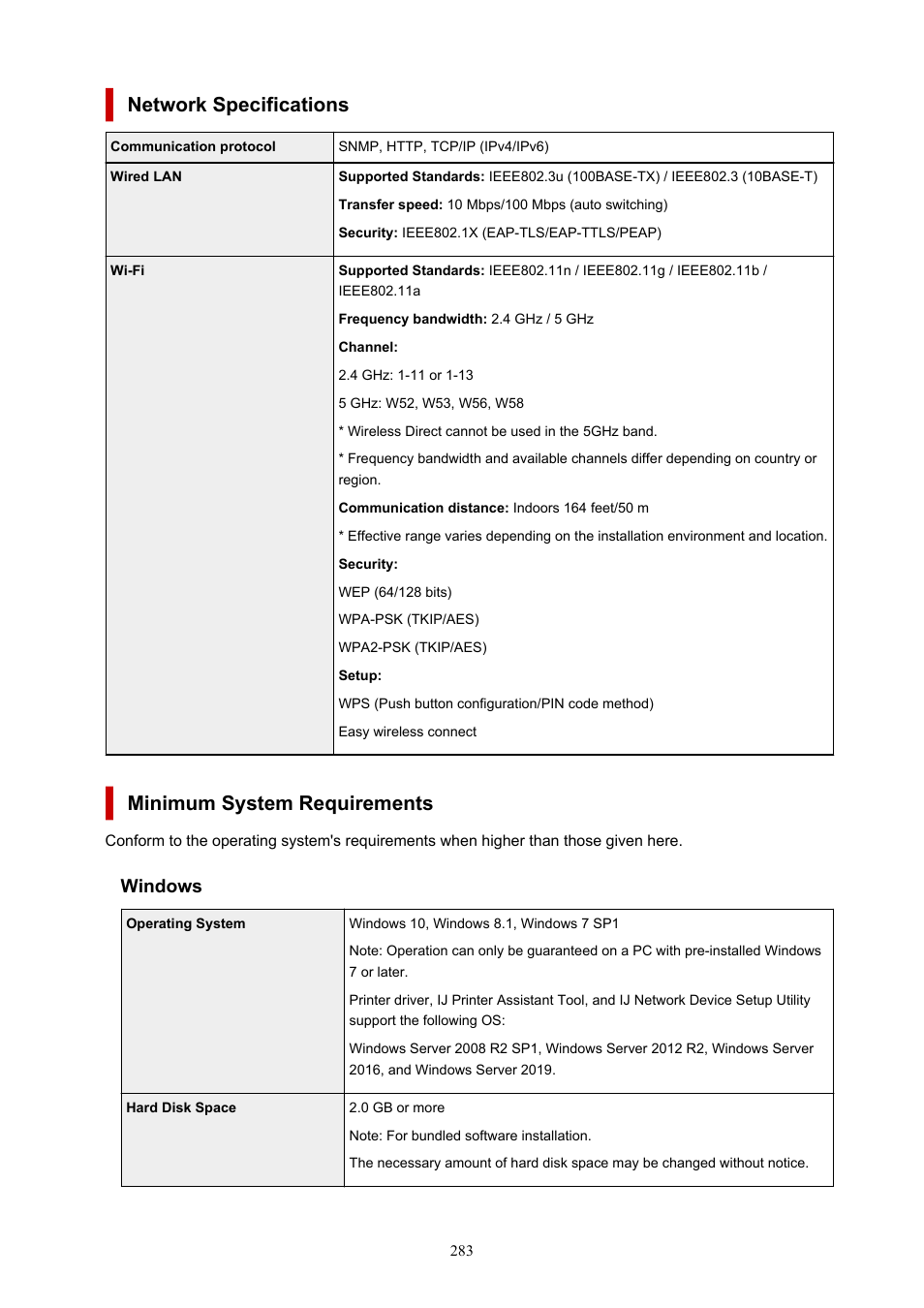 Network specifications, Minimum system requirements, Windows | Canon imagePROGRAF PRO-300 13" Photographic Inkjet Printer User Manual | Page 283 / 650