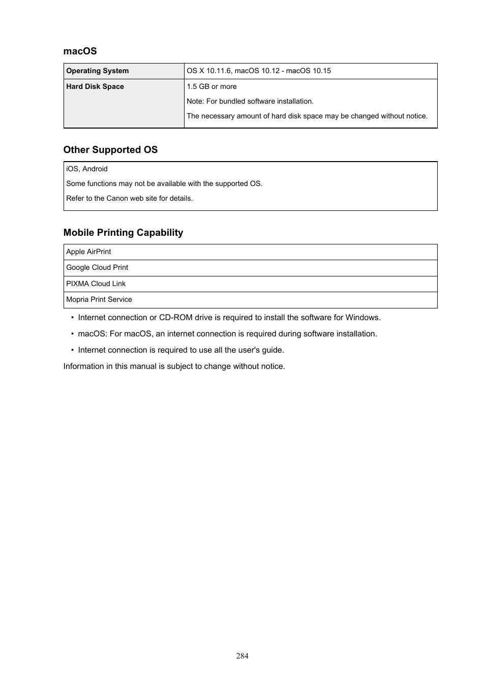 Macos, Other supported os, Mobile printing capability | Canon imagePROGRAF PRO-300 13" Photographic Inkjet Printer User Manual | Page 284 / 650