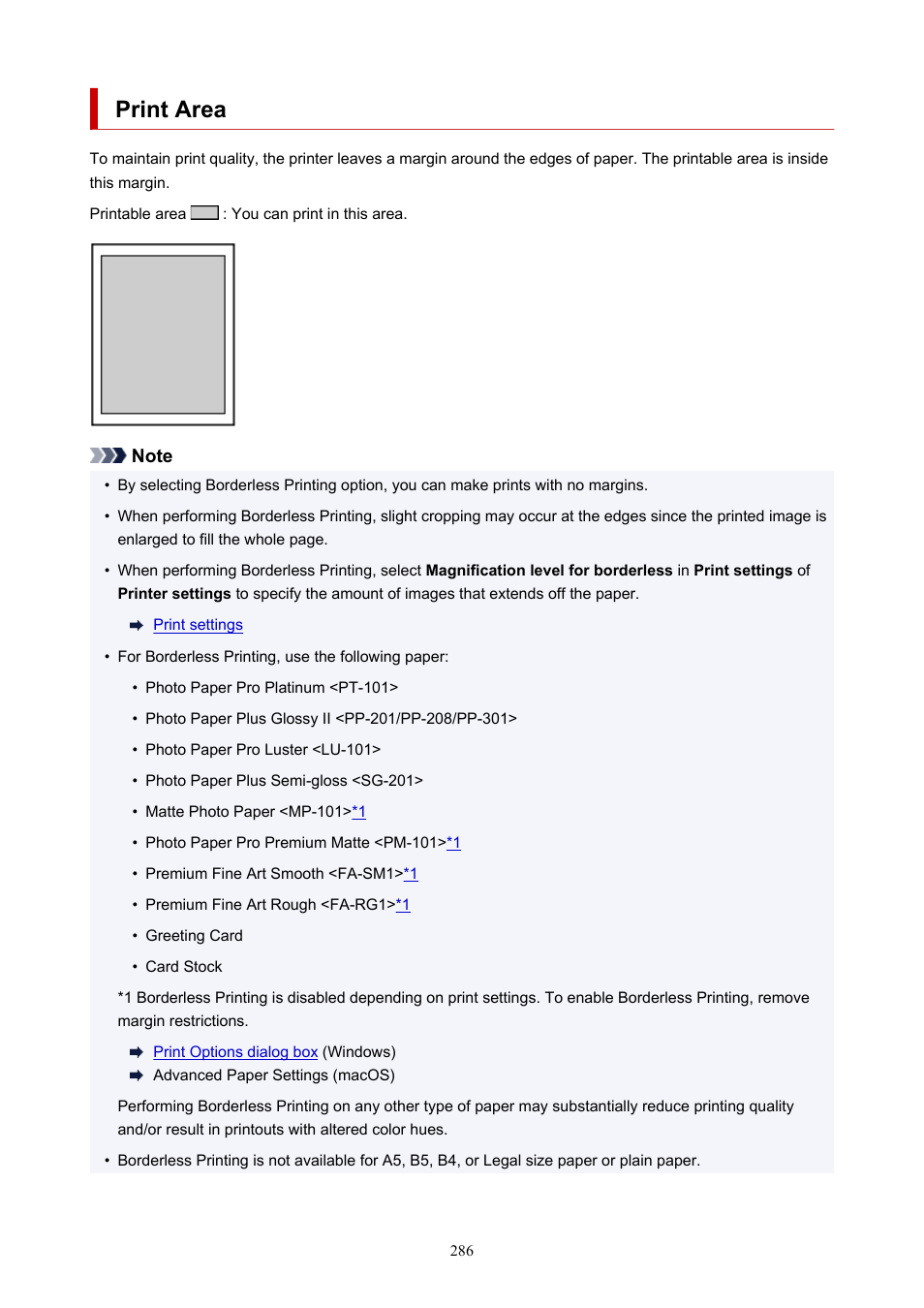 Print area | Canon imagePROGRAF PRO-300 13" Photographic Inkjet Printer User Manual | Page 286 / 650