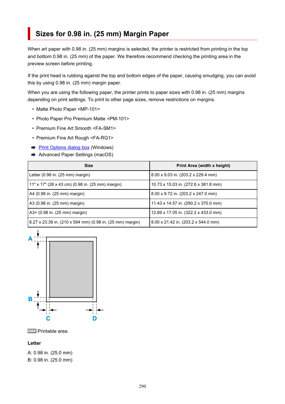 Sizes for 0.98 in. (25 mm) margin paper | Canon imagePROGRAF PRO-300 13" Photographic Inkjet Printer User Manual | Page 290 / 650