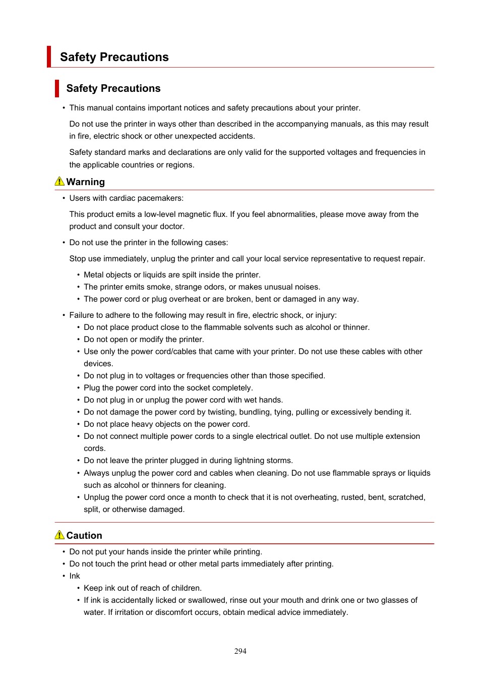 Safety precautions | Canon imagePROGRAF PRO-300 13" Photographic Inkjet Printer User Manual | Page 294 / 650