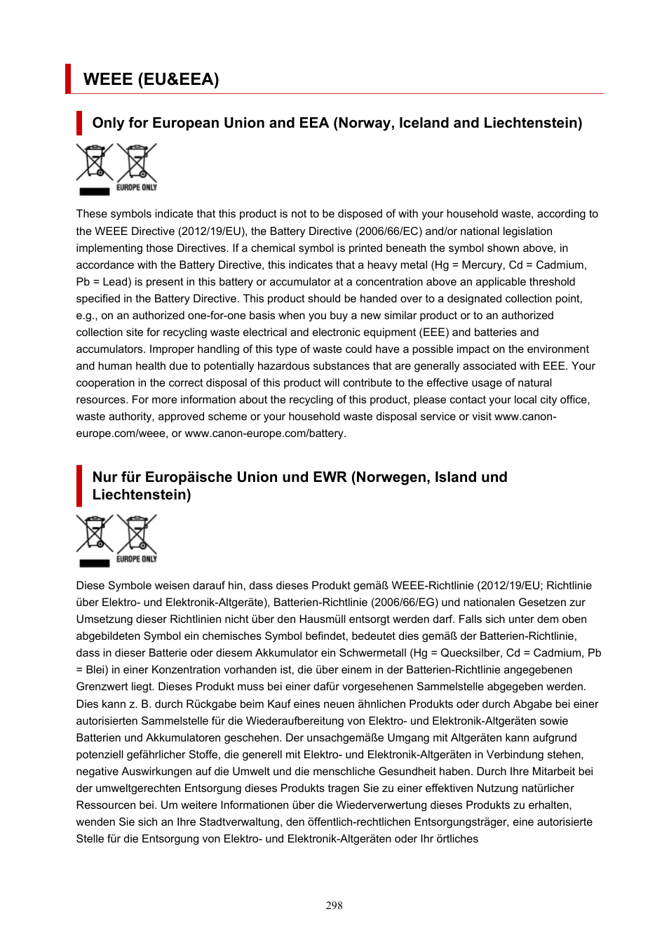 Weee (eu&eea) | Canon imagePROGRAF PRO-300 13" Photographic Inkjet Printer User Manual | Page 298 / 650